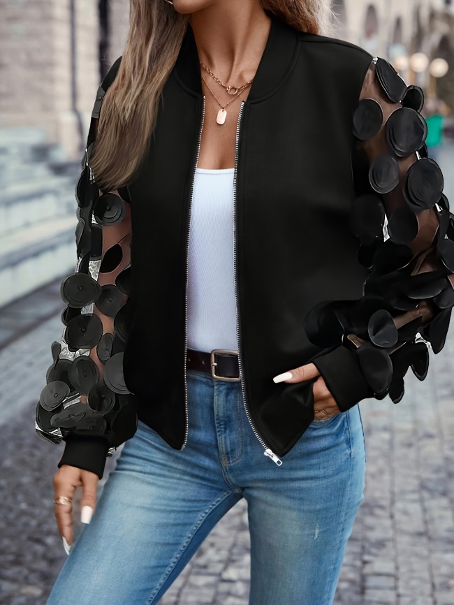 Long Sleeve Solid Color Applique Zipper Mesh Jacket for Spring & Fall, Casual Women's Clothing