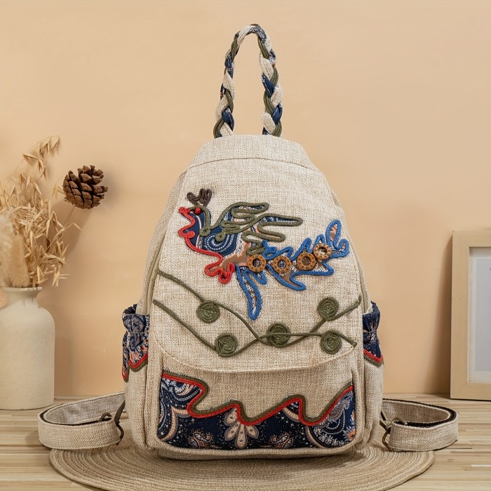 Ethnic Backpack 1pc Ethnic Style Hand-woven Floral Pattern Personality Backpack | Multifunctional, Casual Fashion, Original Design, For Beach Vacation Holiday Travel