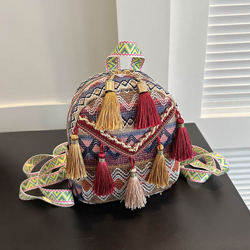 New Ethnic Style Backpack, Versatile Tassel Crossbody Bag, Small Backpack for Vacation Travel, Beach Shoulder Bag.