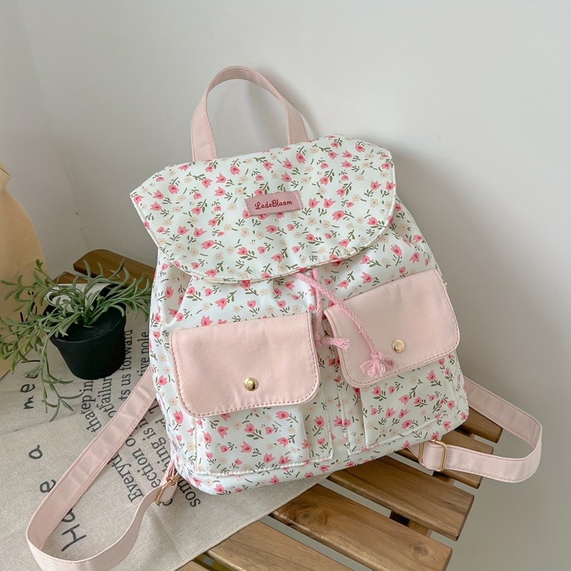 Women's Korean School Backpack - Large Capacity Backpack with Adjustable Shoulder Straps & Magnetic Closure, Pastel Pink\u002Fwhite\u002FBlack - Durable Fabric Backpack for College, Work, Travel - Everyday Commute Bag for Women, Floral Pattern, Sturdy Construction, College Students