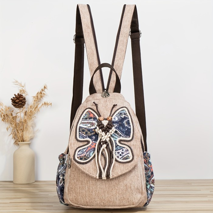 Ethnic Backpack 1pc Ethnic Style Hand-woven Floral Pattern Personality Backpack | Multifunctional, Casual Fashion, Original Design, For Beach Vacation Holiday Travel