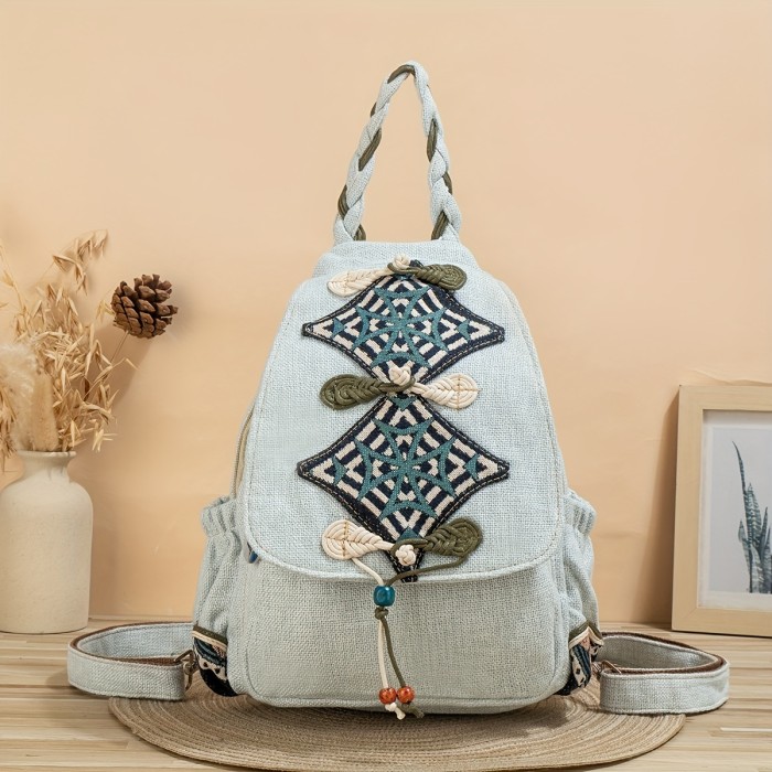 Ethnic Backpack 1pc Ethnic Style Hand-woven Floral Pattern Personality Backpack | Multifunctional, Casual Fashion, Original Design, For Beach Vacation Holiday Travel