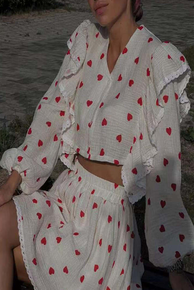Casual Print Flounce V Neck Long Sleeve Two Pieces