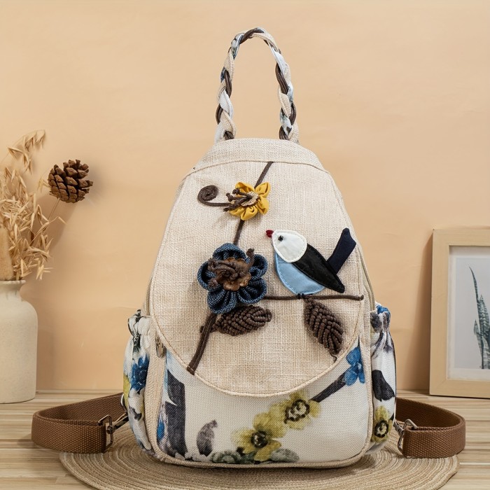 Ethnic Backpack 1pc Ethnic Style Hand-woven Floral Pattern Personality Backpack | Multifunctional, Casual Fashion, Original Design, For Beach Vacation Holiday Travel