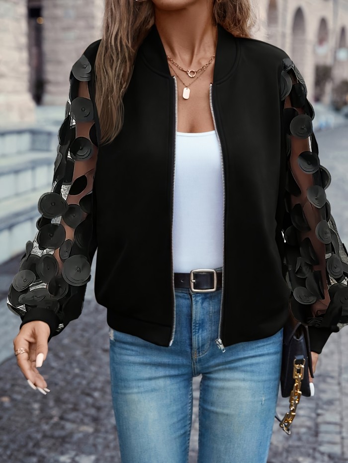 Long Sleeve Solid Color Applique Zipper Mesh Jacket for Spring & Fall, Casual Women's Clothing