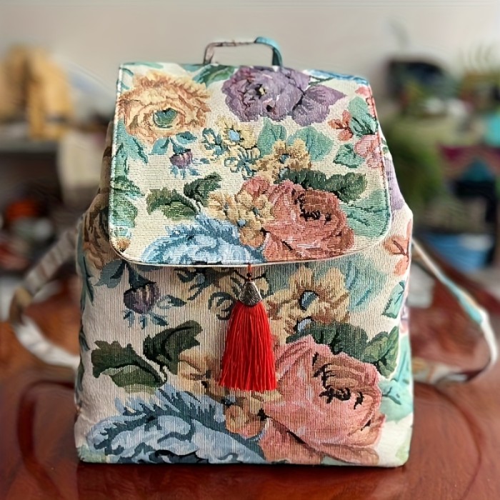 2025 New Women's Ethnic Style Golden Embroidered Floral & Butterfly Backpack - Vibrant Mixed Colors, Durable Polyester Drawstring Closure, Hand Washable Travel & Casual Daypack, Backpack for Travel, Colorful Accessory, Intricate Embroidery