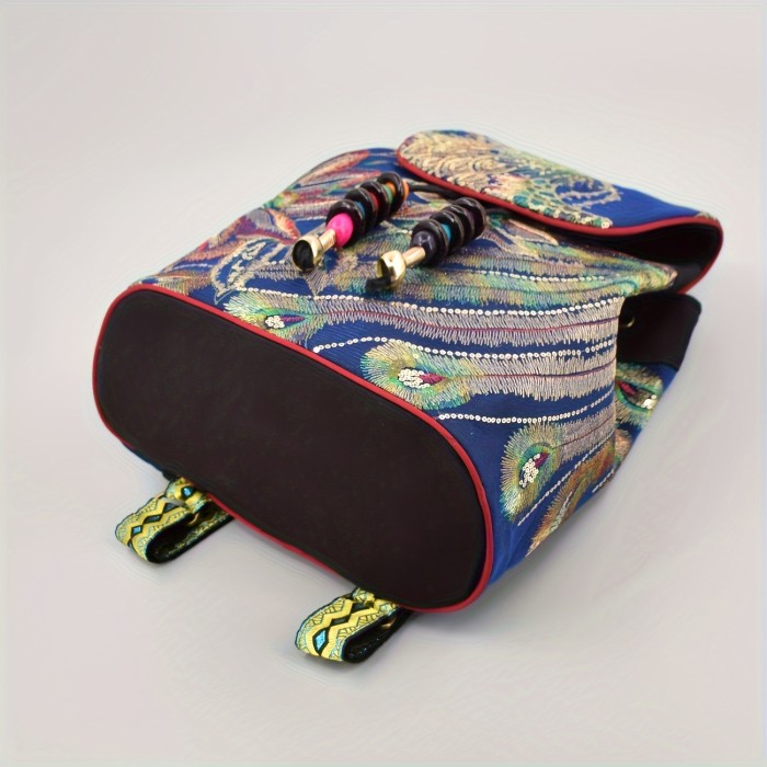 Vibrant Peacock Embroidered Canvas Backpack with Sequins & Beads - Adjustable Straps, Lightweight & Foldable for Travel & Students, Travel Backpack|Ethnic Style Backpack|Foldable Backpack, Backpack for Travel