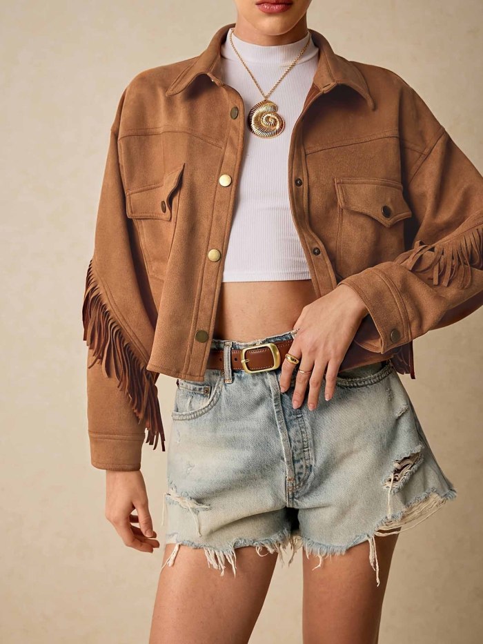 Women's Casual Off-Shoulder Button-Front Tassel Detail Jacket Top