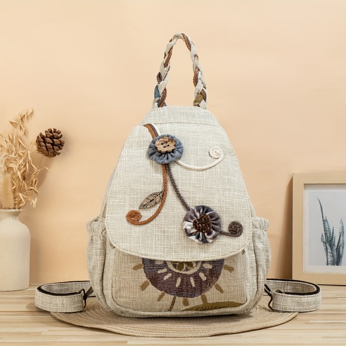 Ethnic Backpack 1pc Ethnic Style Hand-woven Floral Pattern Personality Backpack | Multifunctional, Casual Fashion, Original Design, For Beach Vacation Holiday Travel