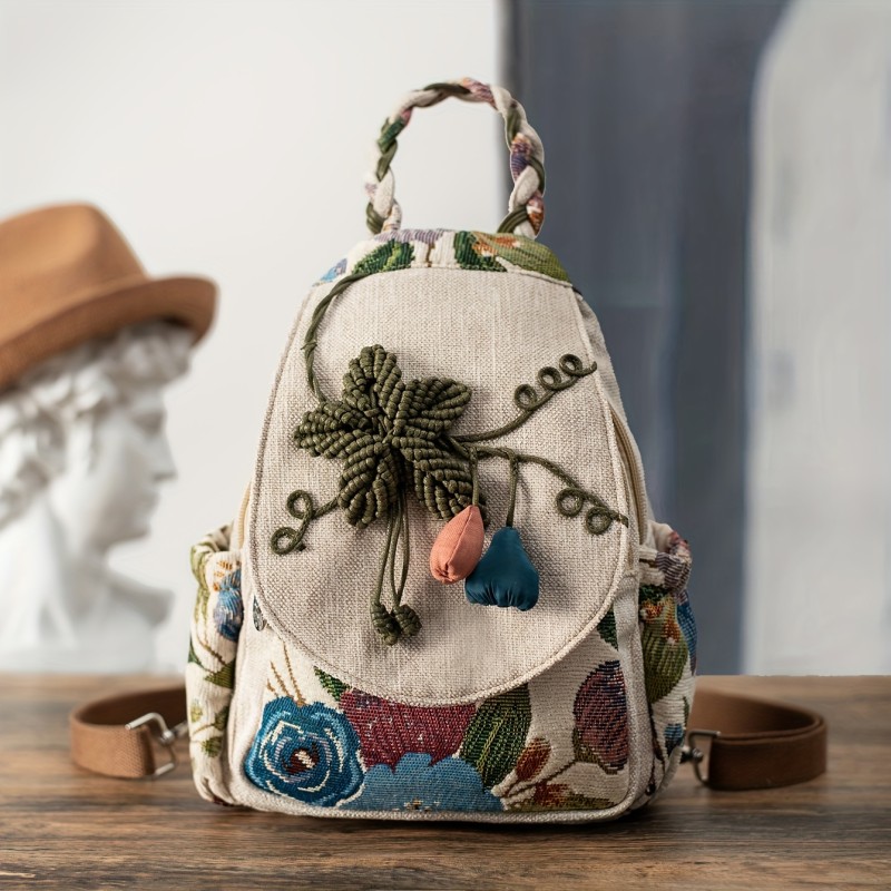Ethnic Backpack 1pc Ethnic Style Hand-woven Floral Pattern Personality Backpack | Multifunctional, Casual Fashion, Original Design, For Beach Vacation Holiday Travel
