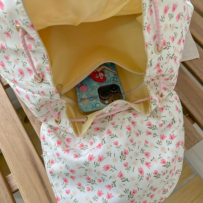 Women's Korean School Backpack - Large Capacity Backpack with Adjustable Shoulder Straps & Magnetic Closure, Pastel Pink\u002Fwhite\u002FBlack - Durable Fabric Backpack for College, Work, Travel - Everyday Commute Bag for Women, Floral Pattern, Sturdy Construction, College Students