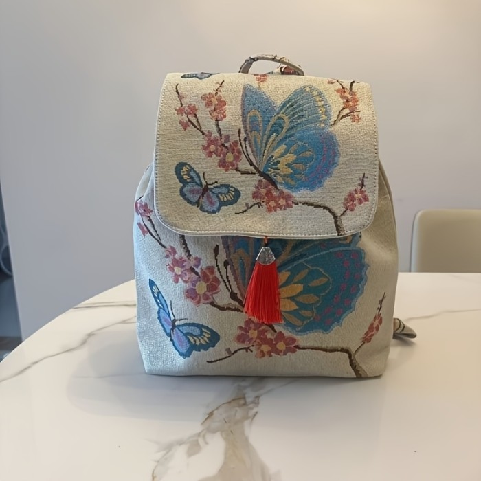 2025 New Women's Ethnic Style Golden Embroidered Floral & Butterfly Backpack - Vibrant Mixed Colors, Durable Polyester Drawstring Closure, Hand Washable Travel & Casual Daypack, Backpack for Travel, Colorful Accessory, Intricate Embroidery
