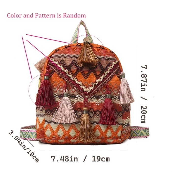 New Ethnic Style Backpack, Versatile Tassel Crossbody Bag, Small Backpack for Vacation Travel, Beach Shoulder Bag.