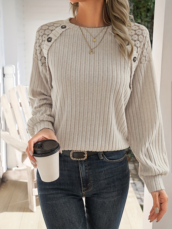 Elegant Long Sleeve Contrast Lace Crew Neck - Women's T-shirt for Spring & Fall