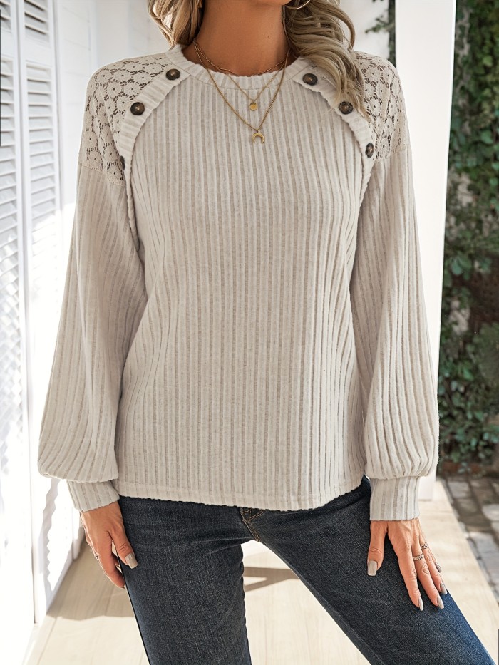 Elegant Long Sleeve Contrast Lace Crew Neck - Women's T-shirt for Spring & Fall