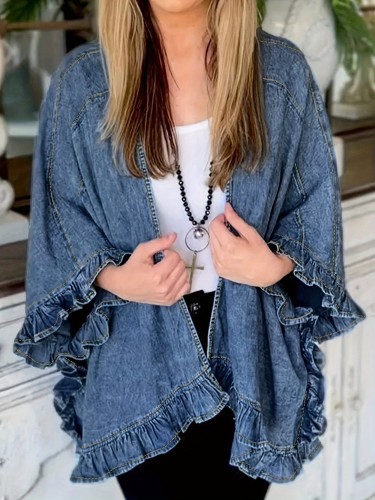 Women's Retro Loose Ruffled Shoulder  Light Blue Denim Jacket