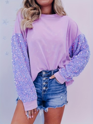 Women'S Casual Shiny Sequined Stitching Long Sleeve Pullover Round Neck Sweatshirt
