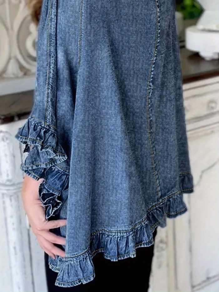 Women's Retro Loose Ruffled Shoulder  Light Blue Denim Jacket