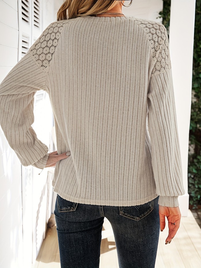 Elegant Long Sleeve Contrast Lace Crew Neck - Women's T-shirt for Spring & Fall