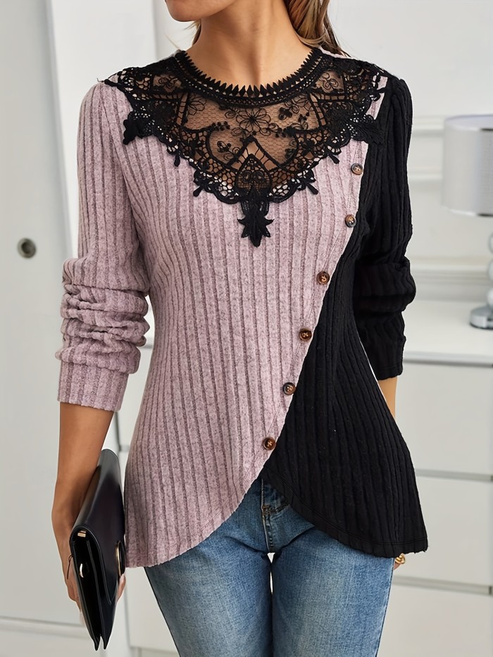 Women's LightweightElegant Lace Trim Button Front Placket T-Shirt