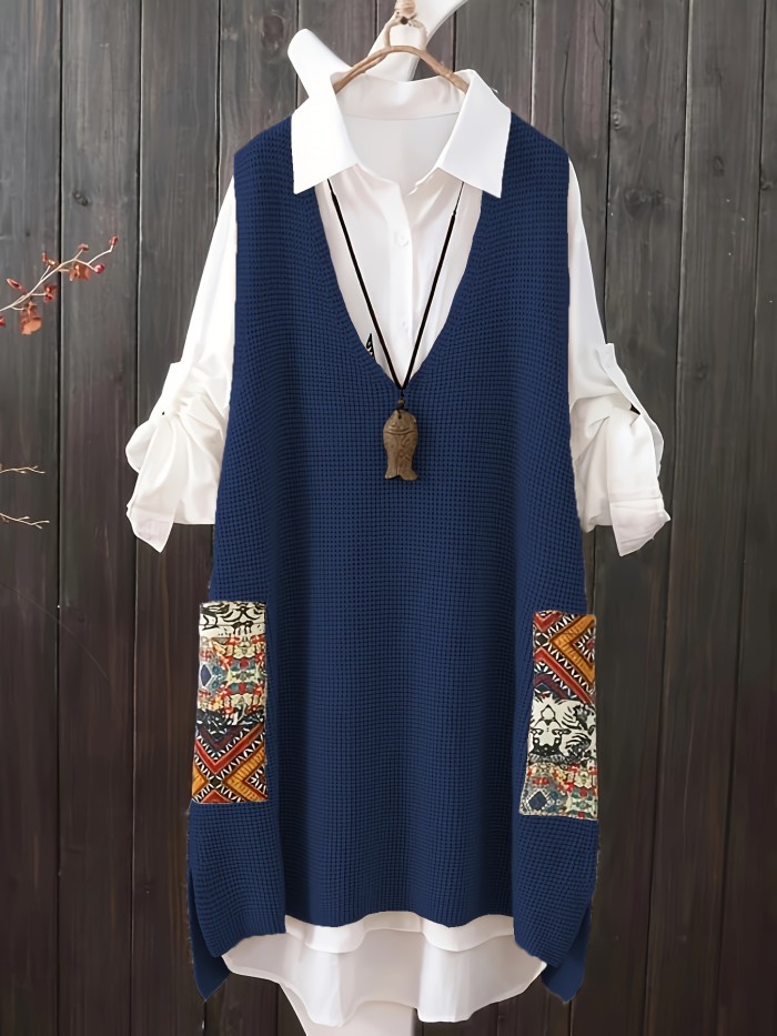 Plus Size V-neck Knitted Sweater Vest Dress - Casual Random Print Pocket