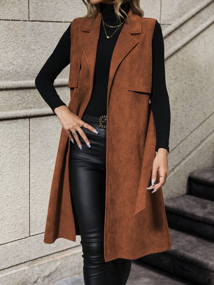 Elegant Solid ColorTrench Vest with Belt