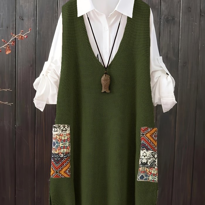 Plus Size V-neck Knitted Sweater Vest Dress - Casual Random Print Pocket
