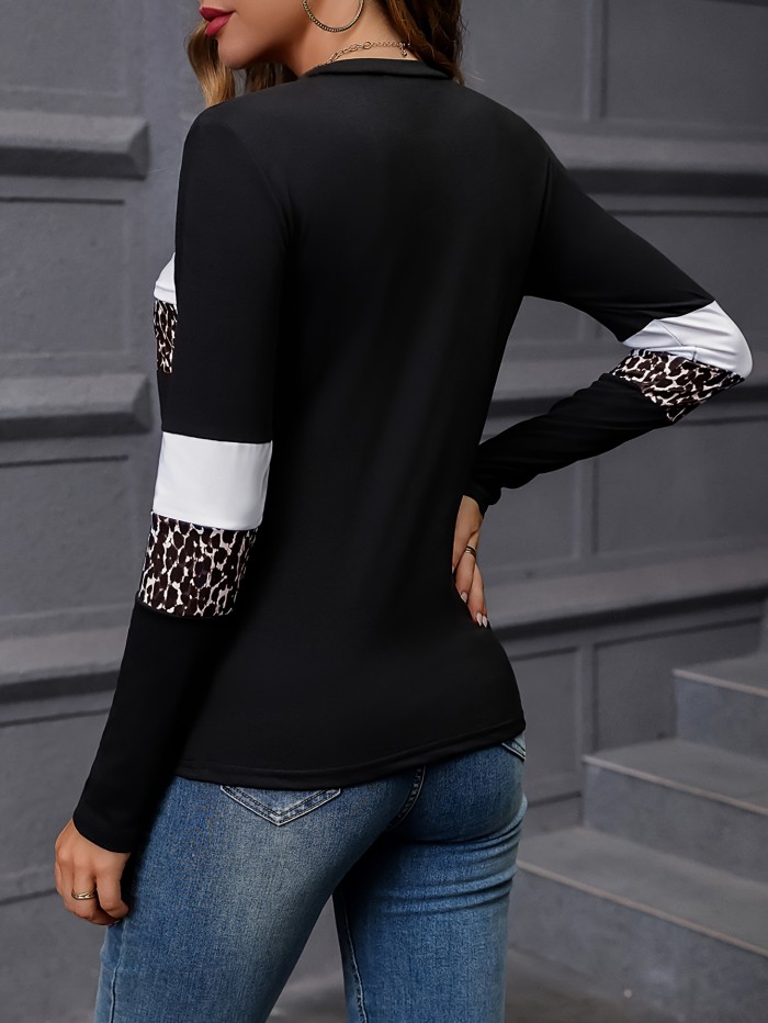 Women's Elegant Leopard Print Color-Block Long SleeveRound Neck Contrast Design T-Shirt