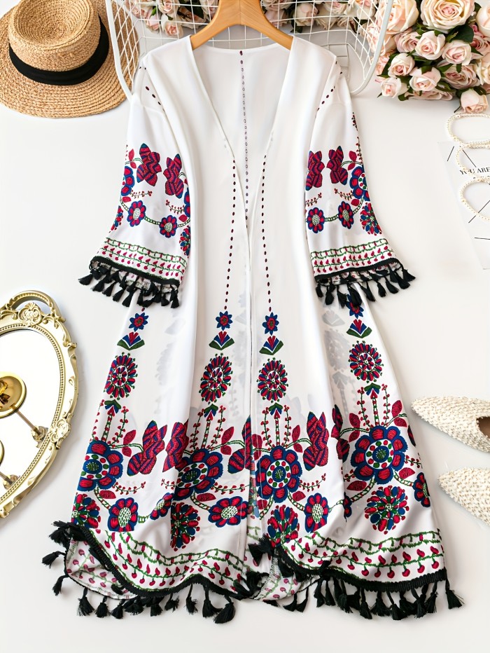 Elegant Floral  Collarless Open Front Tunic Cardigan