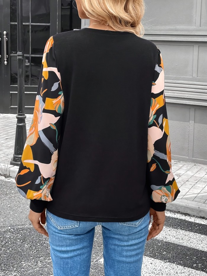 Women's Elegant Leopard Print Long Sleeve Round Neck Medium Stretch Top T-Shirt