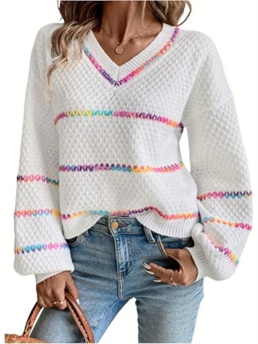 Women's Long Sleeved Pullover Loose Sweater Striped V-neck Contrasting White Top