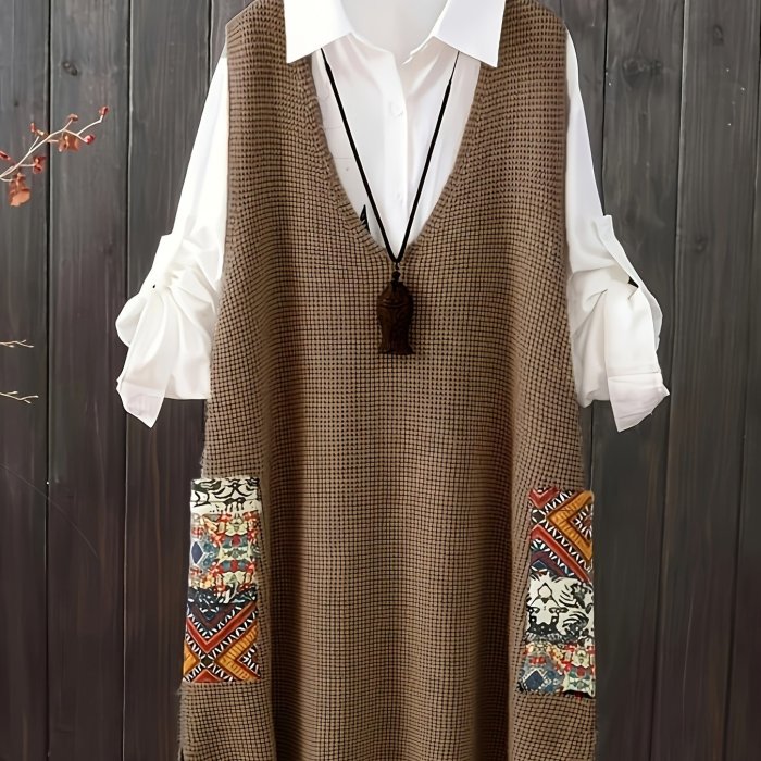 Plus Size V-neck Knitted Sweater Vest Dress - Casual Random Print Pocket