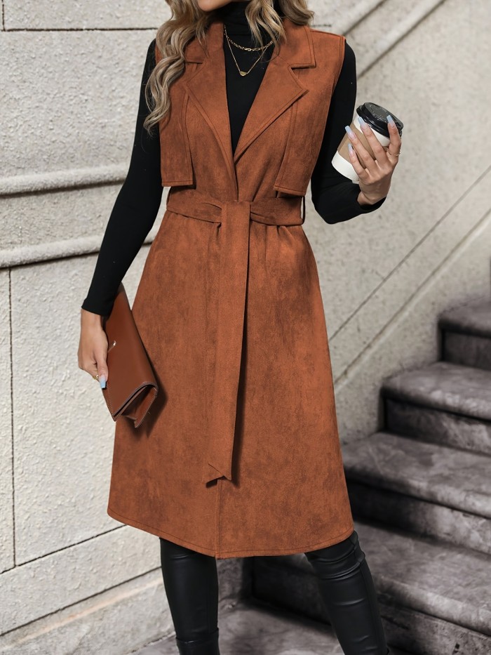 Elegant Solid ColorTrench Vest with Belt