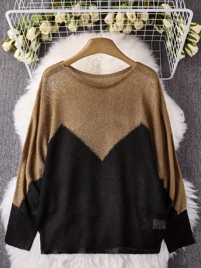 Vintage-Inspired Color Block Top with Asymmetrical Hem  Loose Fit Batwing Sleeves Pullover