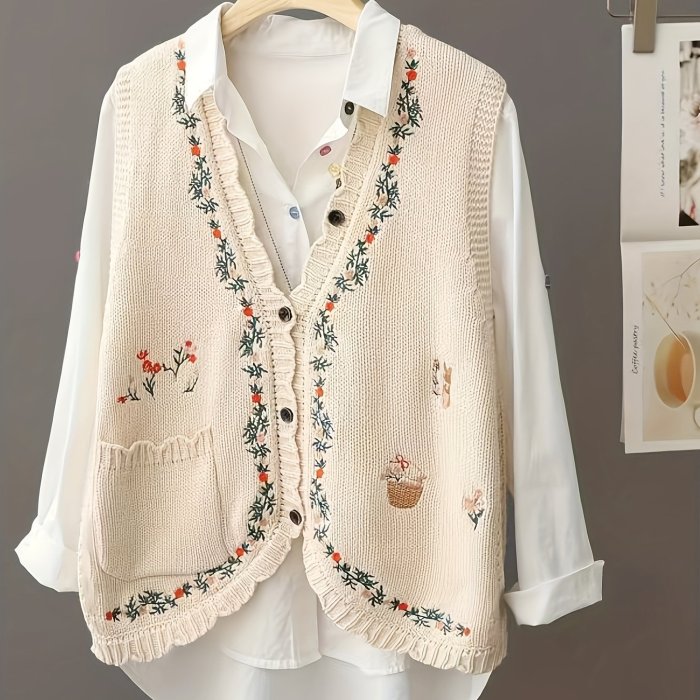 Plus Size Floral Elegant Open Front Design V-Neck Vest Sweater
