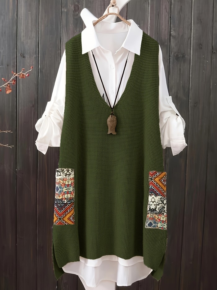 Plus Size V-neck Knitted Sweater Vest Dress - Casual Random Print Pocket