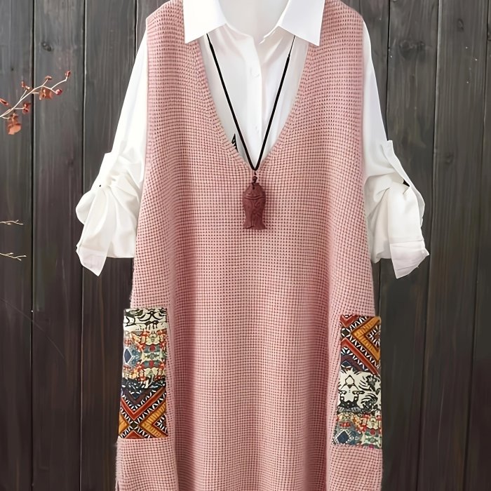 Plus Size V-neck Knitted Sweater Vest Dress - Casual Random Print Pocket