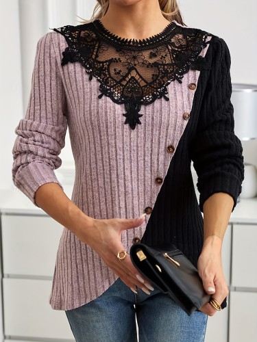 Women's LightweightElegant Lace Trim Button Front Placket T-Shirt
