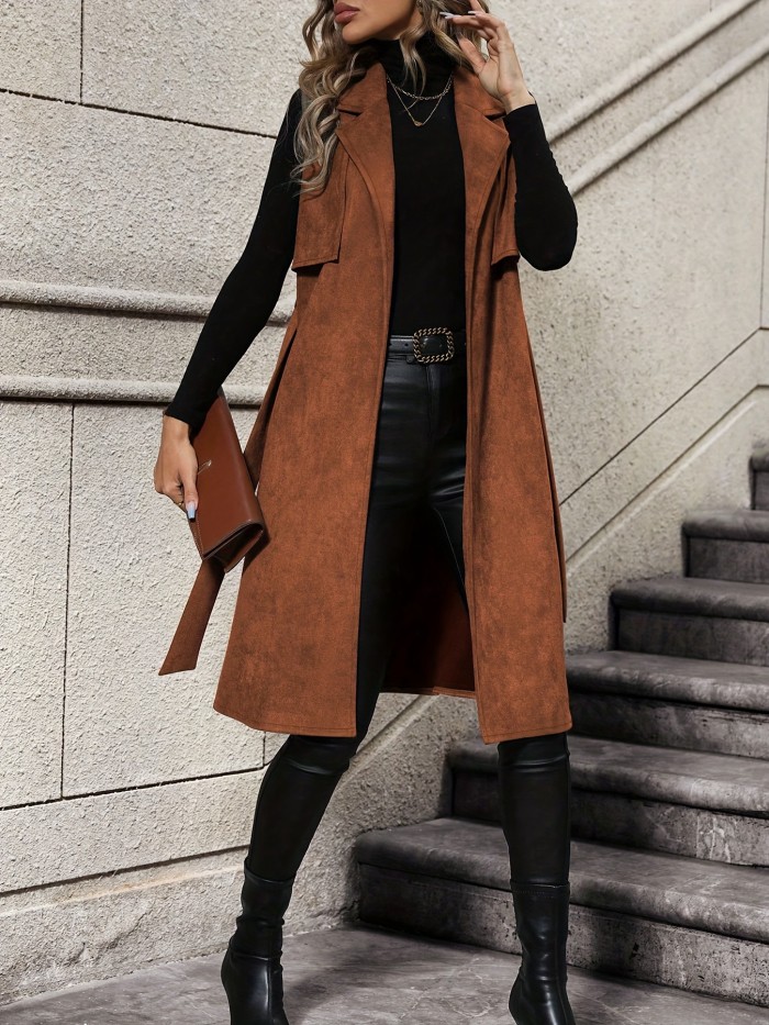 Elegant Solid ColorTrench Vest with Belt