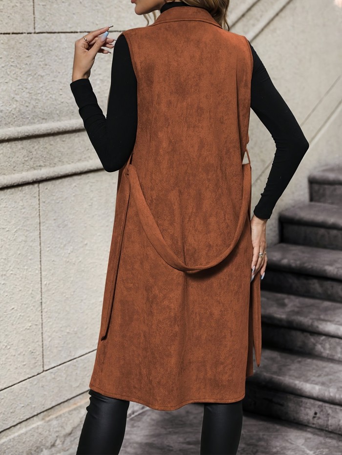 Elegant Solid ColorTrench Vest with Belt