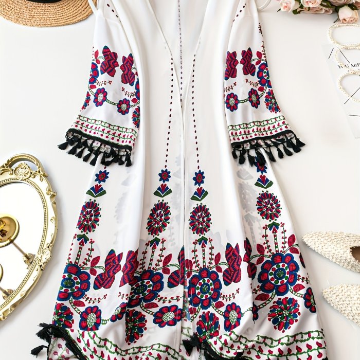 Elegant Floral  Collarless Open Front Tunic Cardigan