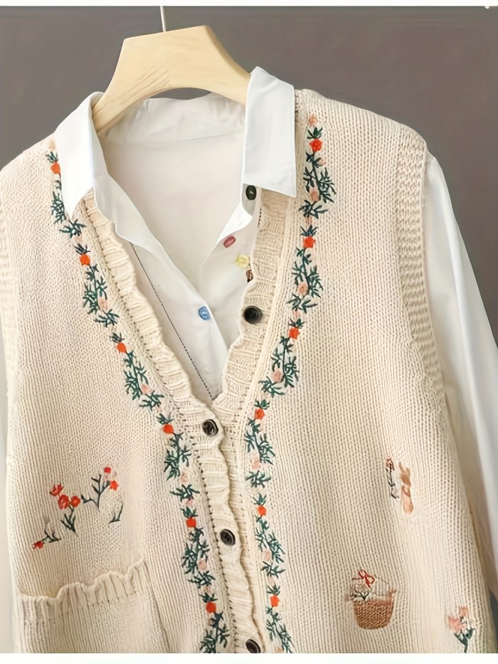 Plus Size Floral Elegant Open Front Design V-Neck Vest Sweater