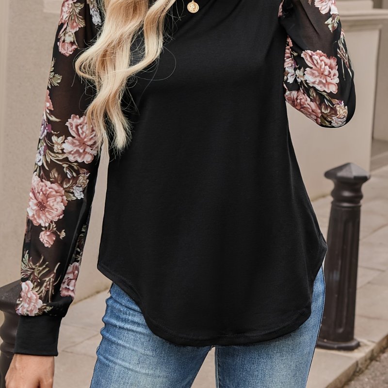 Elegant Women's Floral Print Chiffon Sleeve Color Block Long Sleeve Top