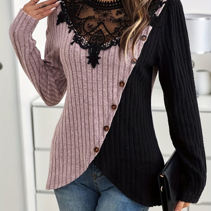 Women's LightweightElegant Lace Trim Button Front Placket T-Shirt