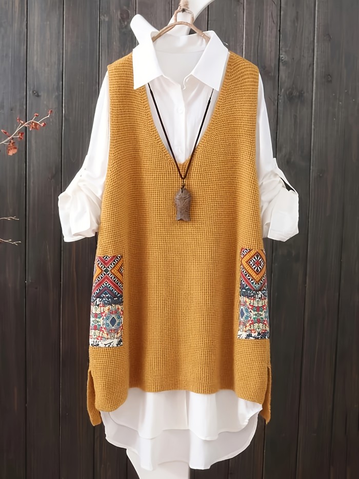 Plus Size V-neck Knitted Sweater Vest Dress - Casual Random Print Pocket