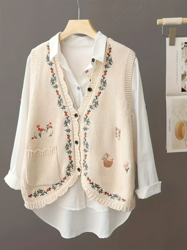 Plus Size Floral Elegant Open Front Design V-Neck Vest Sweater