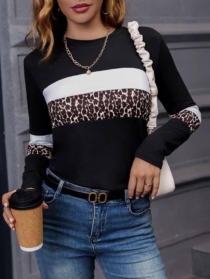 Women's Elegant Leopard Print Color-Block Long SleeveRound Neck Contrast Design T-Shirt