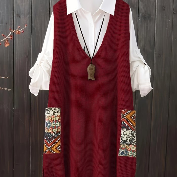 Plus Size V-neck Knitted Sweater Vest Dress - Casual Random Print Pocket