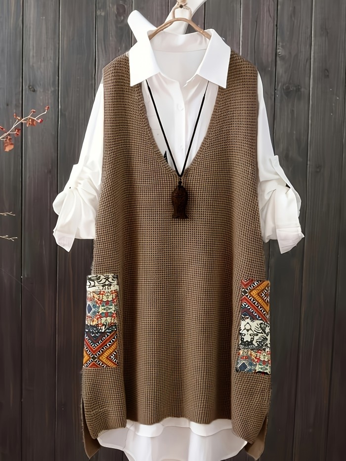 Plus Size V-neck Knitted Sweater Vest Dress - Casual Random Print Pocket
