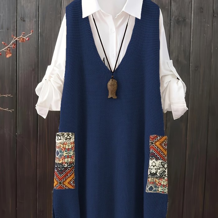 Plus Size V-neck Knitted Sweater Vest Dress - Casual Random Print Pocket
